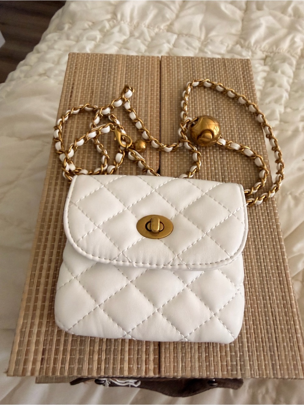 White Quilted Mini Crossbody Bag with Gold Chain